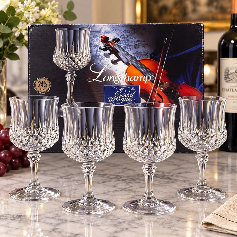 Cristal d'Arques Longchamp 24% Lead Crystal Wine Glasses Set of 4 France Clear